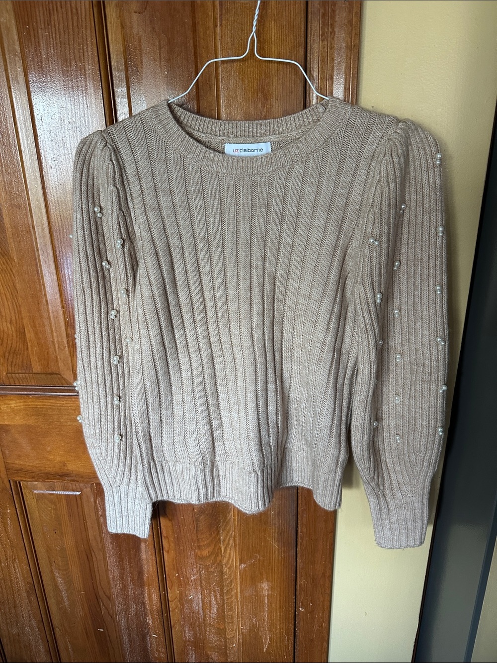 Liz Claiborne Taupe Ribbed Crewneck Sweater with Pearl Sleeve Accents